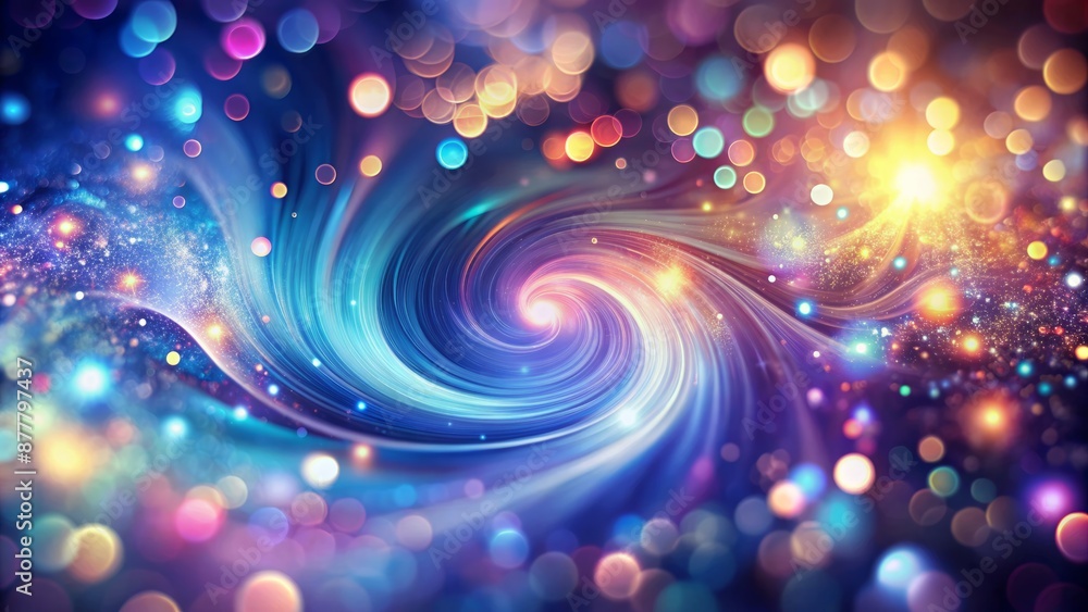 Fototapeta premium Vibrant, swirling, kaleidoscopic abstract backdrop featuring blurred bokeh lights in shimmering colors against a soft, gradient background of deep blues and purples.
