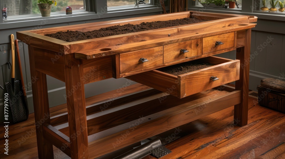 wooden Craftsman-style planting table, designed with a soil reservoir and a tool drawer for efficient gardening wooden Craftsman-style planting table, designed with a soil reservoir and a tool drawer for efficient gardening