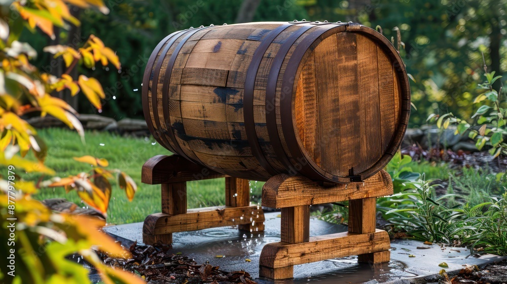 wooden Craftsman-style rain barrel stand, designed to elevate a rain barrel for easier access and increased water pressure wooden Craftsman-style rain barrel stand, designed to elevate a rain barrel for easier access and increased water pressure