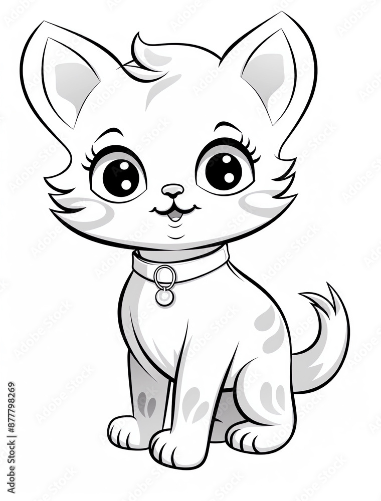 Cute cartoon cat coloring page with a white background. The simple line art style uses clean and sharp inking lines with low details and a white fill Cute cartoon cat coloring page with a white background. The simple line art style uses clean and sharp inking lines with low details and a white fill