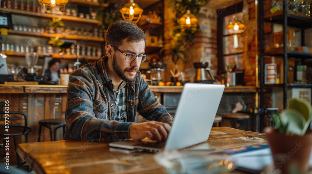 A businessman working on a laptop in a coffee shop. businessman working A businessman working on a laptop in a coffee shop. businessman working