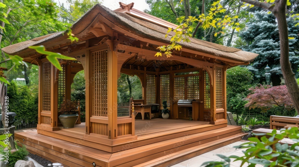 wooden garden pavilion in a Craftsman style, with detailed woodworking and a thatched roof, providing a serene outdoor retreat wooden garden pavilion in a Craftsman style, with detailed woodworking and a thatched roof, providing a serene outdoor retreat