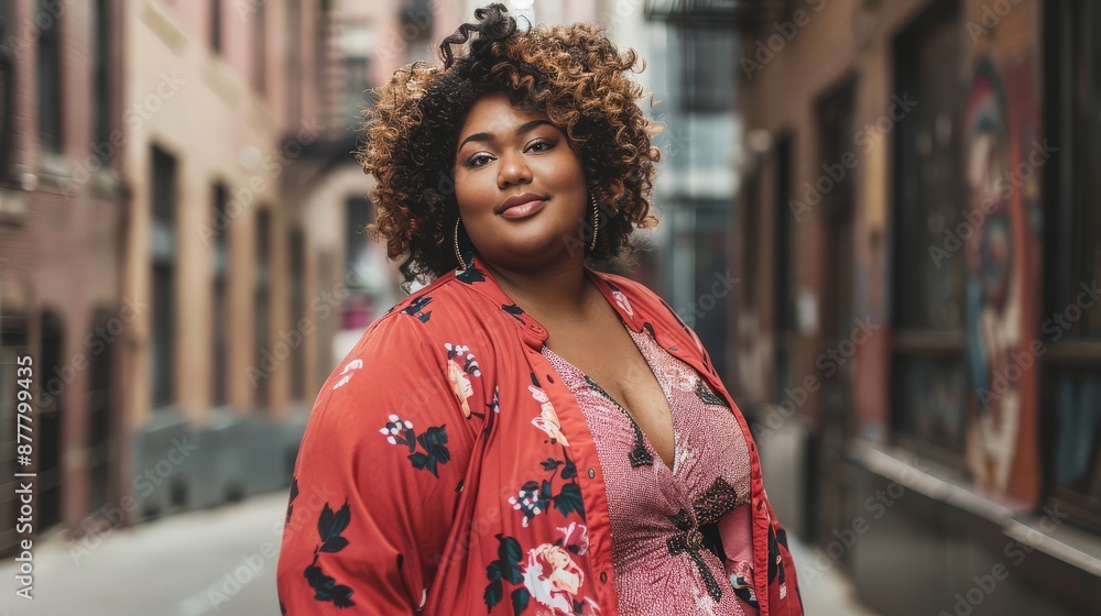 Plus-size woman in a stylish outfit, posing for a photo in an urban setting Plus-size woman in a stylish outfit, posing for a photo in an urban setting