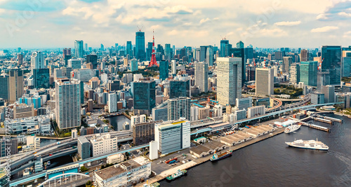 Photography Aerial view of Odaiba Harbor in Minato City, Tokyo, Japan