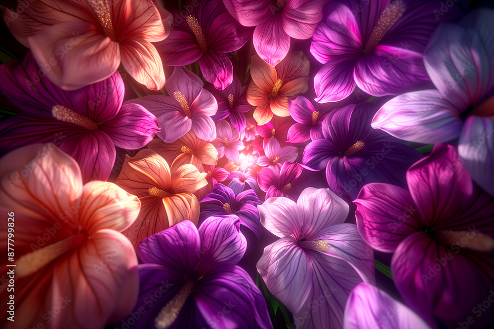 A close up of a bunch of flowers with a bright pink and purple hue. The flowers are arranged in a spiral pattern, creating a sense of movement and depth. Scene is one of beauty and vibrancy A close up of a bunch of flowers with a bright pink and purple hue. The flowers are arranged in a spiral pattern, creating a sense of movement and depth. Scene is one of beauty and vibrancy