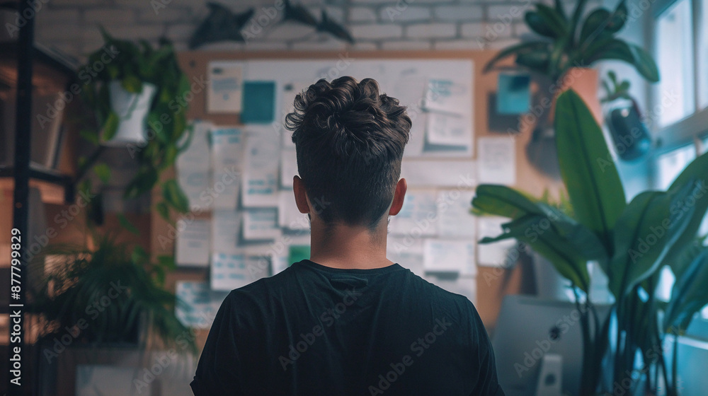 An entrepreneur brainstorming ideas on a whiteboard in a startup office. entrepreneur brainstorming An entrepreneur brainstorming ideas on a whiteboard in a startup office. entrepreneur brainstorming