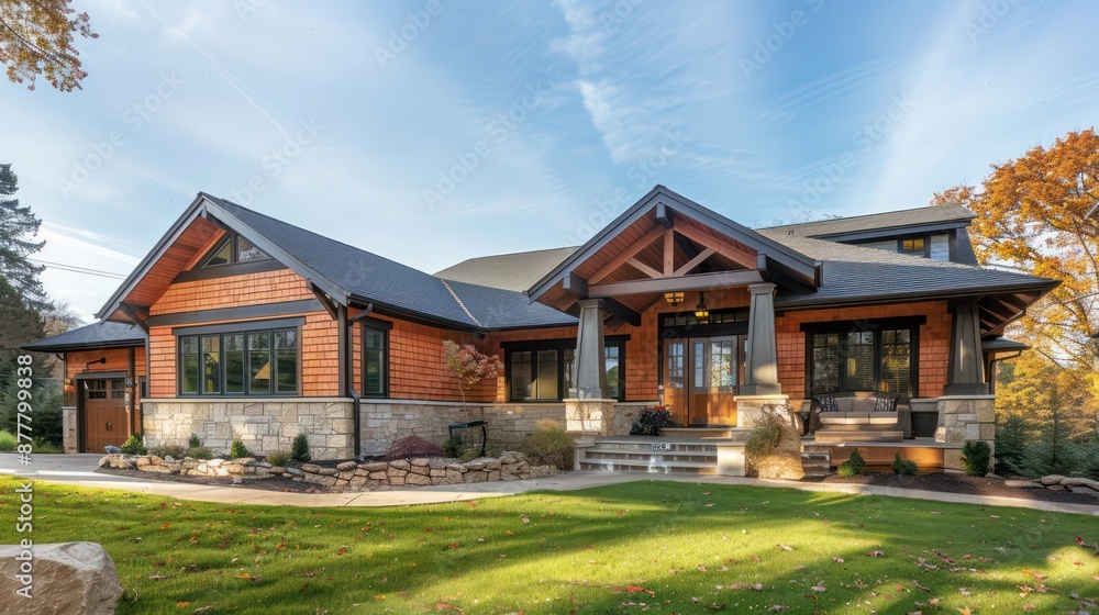 exterior view of a Craftsman home with cedar shingles and stone foundation exterior view of a Craftsman home with cedar shingles and stone foundation