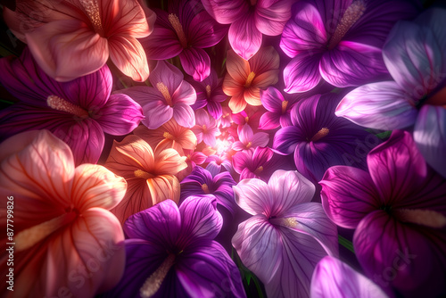 A close up of a bunch of flowers with a bright pink and purple hue. The flowers are arranged in a spiral pattern, creating a sense of movement and depth. Scene is one of beauty and vibrancy © RedPanda