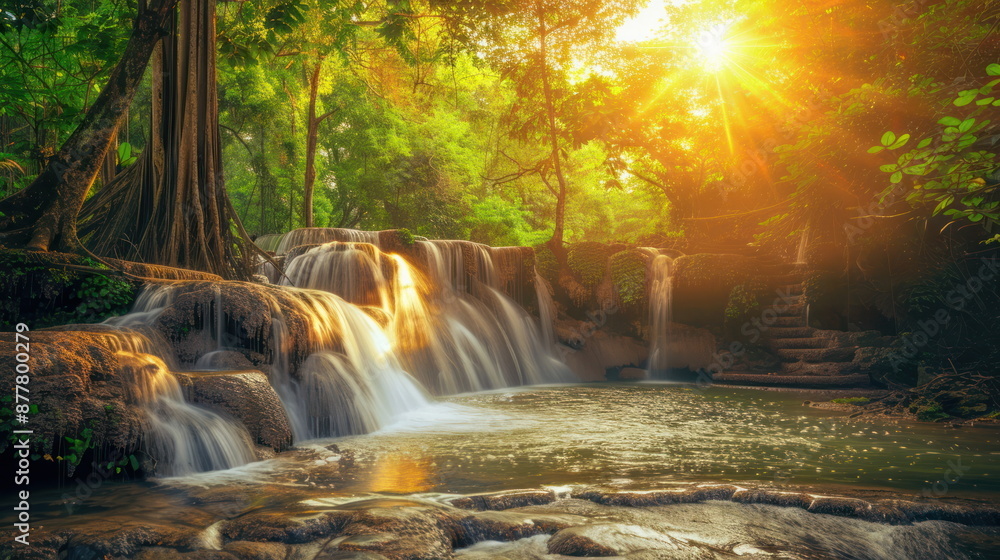 Fototapeta premium beautiful waterfall with green tree, nature landscape