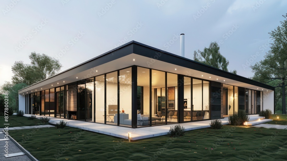 Fototapeta premium ultra-modern ranch home with floor-to-ceiling windows and a sleek black and white exterior