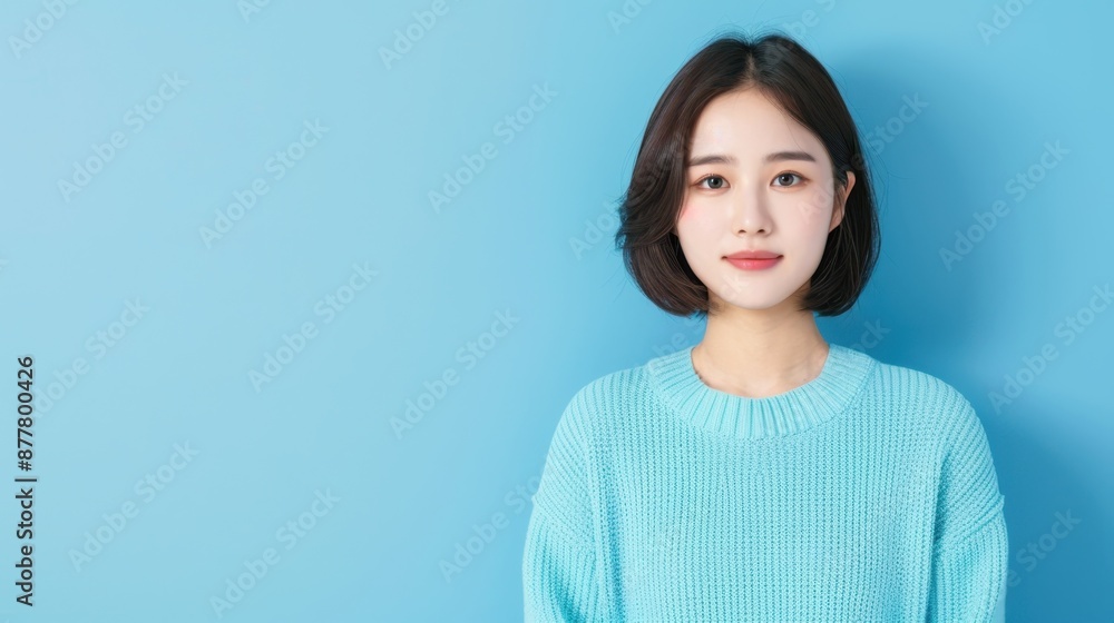 Young woman with short hair wearing a turquoise sweater standing against a blue background, looking at the camera with a neutral expression. Young woman with short hair wearing a turquoise sweater standing against a blue background, looking at the camera with a neutral expression.