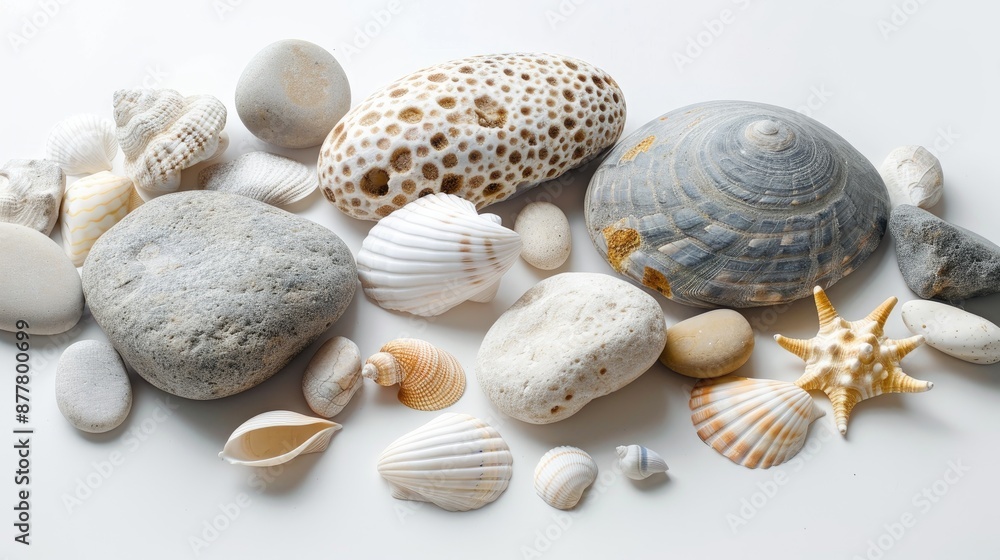 Stones and seashell arrangement on white background Stones and seashell arrangement on white background