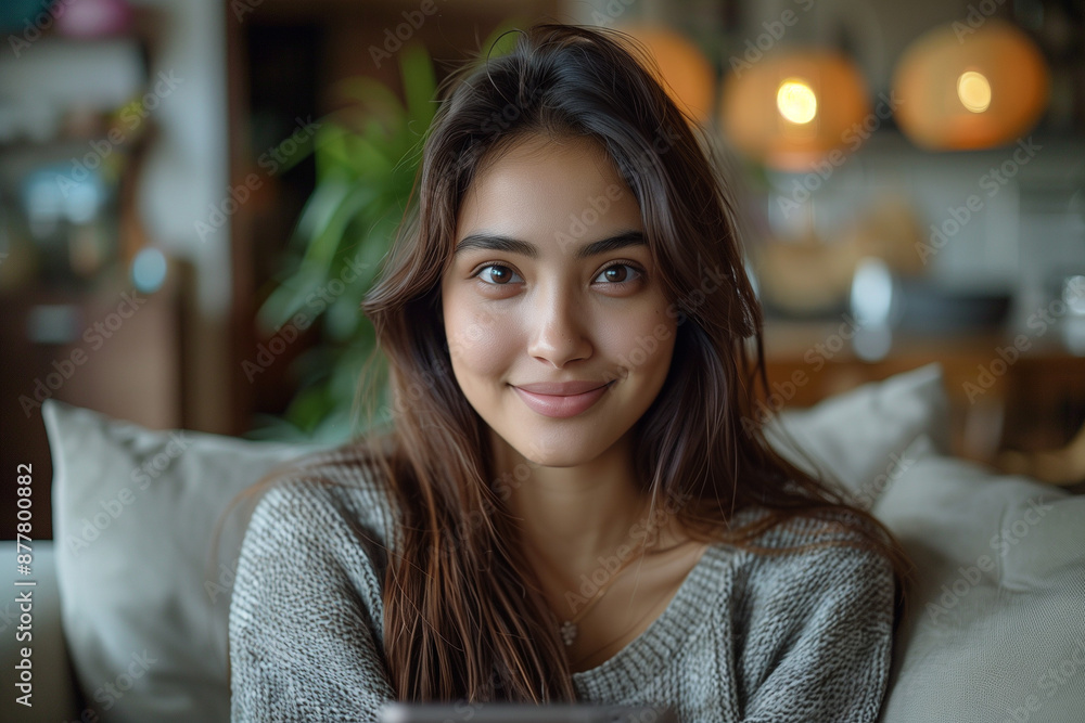 Young Woman Enjoying a Peaceful Moment at Home with a Gentle Smile Young Woman Enjoying a Peaceful Moment at Home with a Gentle Smile