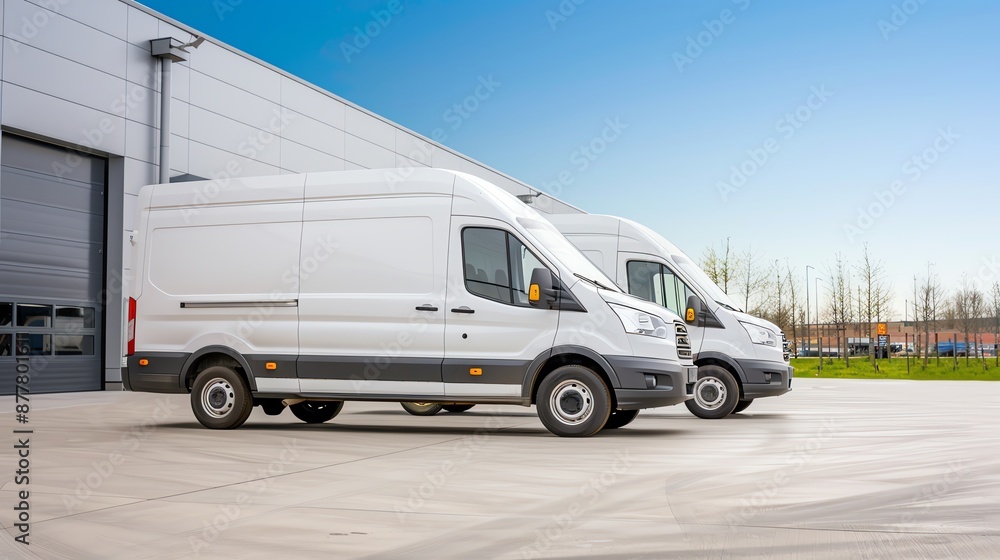 Fleet of delivery vans departing a distribution center, enterprise, execution, coordinated transit Fleet of delivery vans departing a distribution center, enterprise, execution, coordinated transit