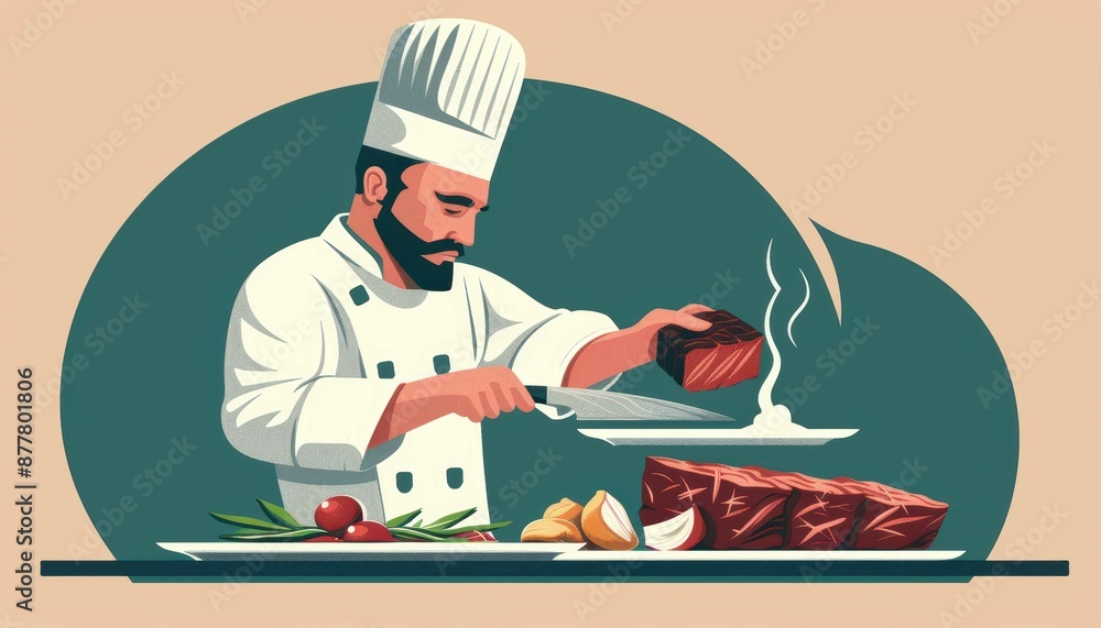 Illustration of a professional chef preparing a meal, carefully slicing meat and adding garnishes, set in a kitchen environment. Illustration of a professional chef preparing a meal, carefully slicing meat and adding garnishes, set in a kitchen environment.