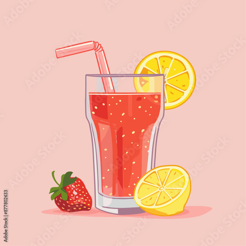 Refreshing Strawberry Lemonade Drink with Lemon Slices and Straw