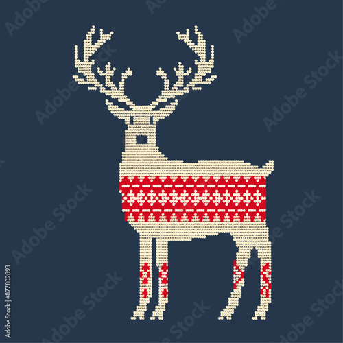 Christmas reindeer with red and white knitted sweater, winter holiday design