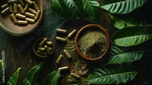 A still life arrangement featuring Kratom powder, fresh green leaves, and capsules. Alternative medicinal use of Kratom, a tropical tree, often used in traditional medicine.