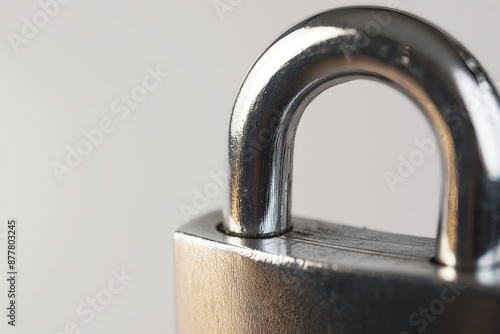 Close-up of a shiny metal padlock shackle against a neutral background, highlighting security and protection. Ideal for themes of safety, strength, and privacy.