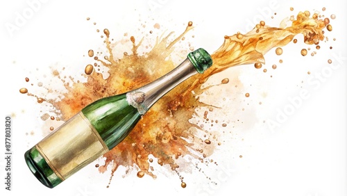 Watercolor splashing champagne bottle isolated on white background