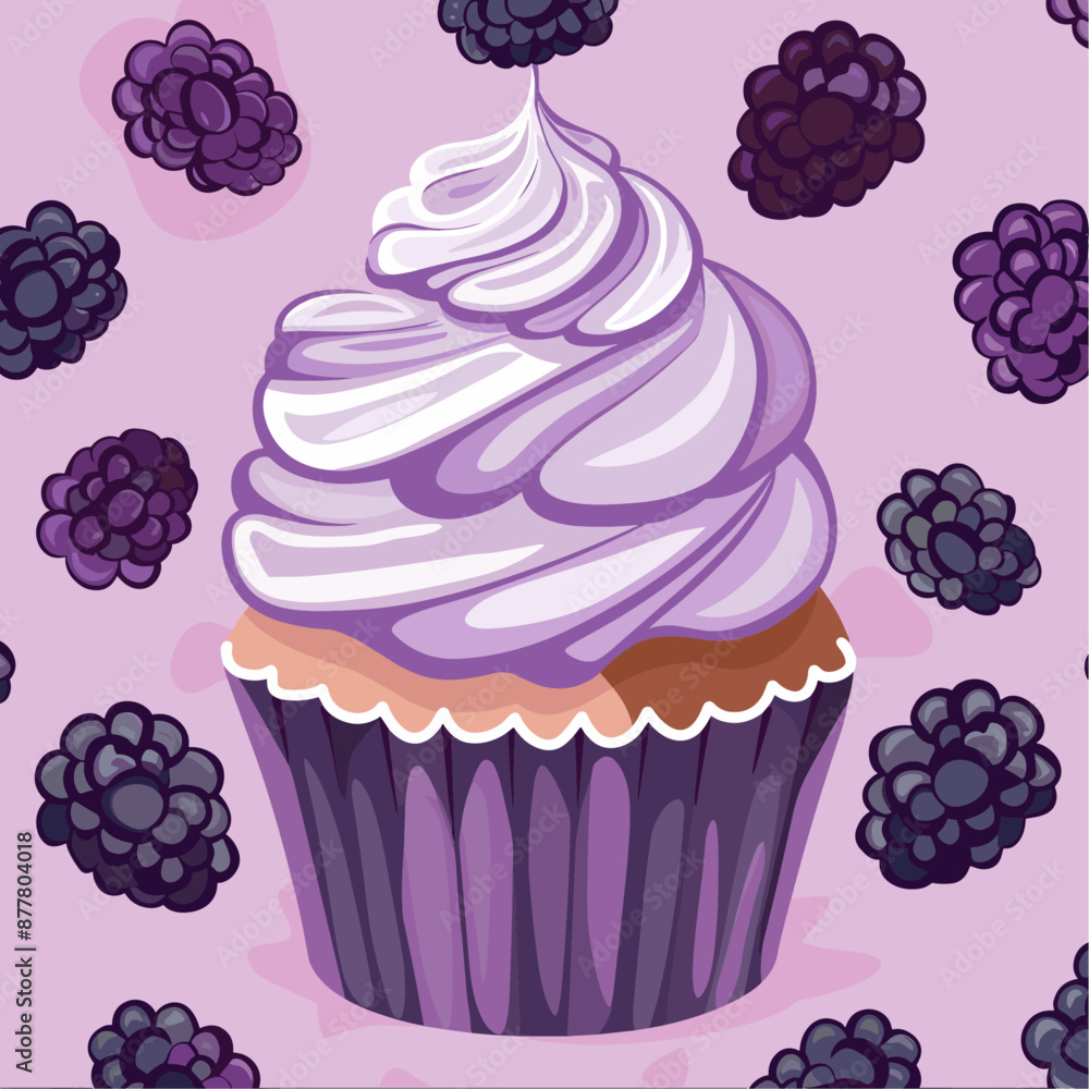 Naklejka premium Purple cupcake with whipped cream and blackberries on a pink background
