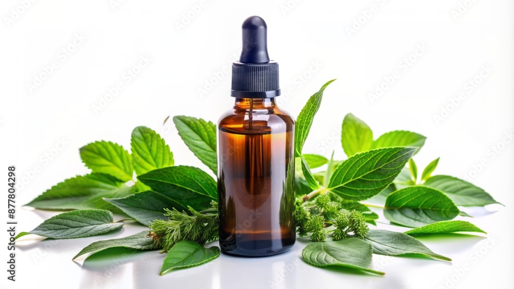 Natural herbal serum for face and body care showcased in dark glass bottle surrounded by fresh leaves on a white background. Natural herbal serum for face and body care showcased in dark glass bottle surrounded by fresh leaves on a white background.