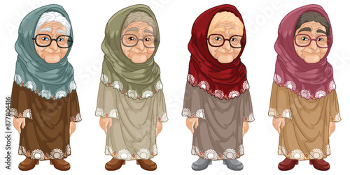 Four elderly women wearing colorful hijabs and dresses