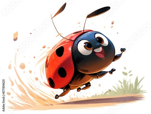 Ladybug on a white background, Cute cartoon ladybug flying in the air
