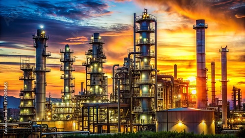 Silhouetted oil refinery and petrochemistry plant at dusk with towering columns and intricate networks of pipes and machinery ablaze.