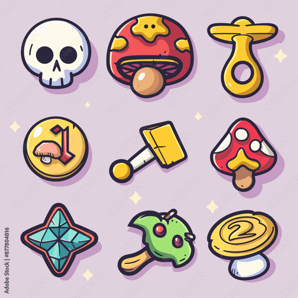 Cartoon Video Game Icons Set. Skull, Mushroom, Hammer, Coin, Star, and More Cartoon Video Game Icons Set. Skull, Mushroom, Hammer, Coin, Star, and More