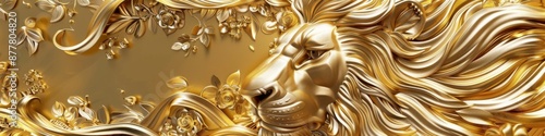 Regal Lion 3D Wallpaper: A Golden Art Digital Print for Custom-Designed Murals and Wall Art. photo