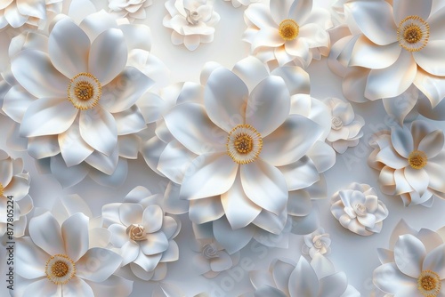 Abstract and elegant 3D white flower wallpaper with gold artistic digital print, suitable for custom design murals: Exquisite artificial intelligence illustration decoration.