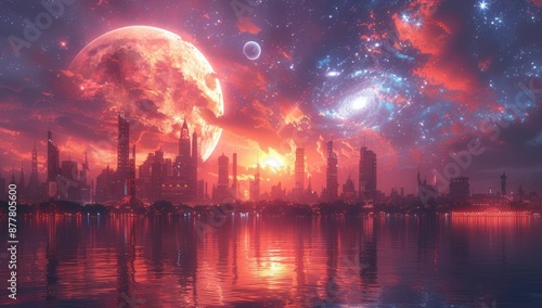 Futuristic Cityscape Under a Red Moon and Starry Sky © Anak