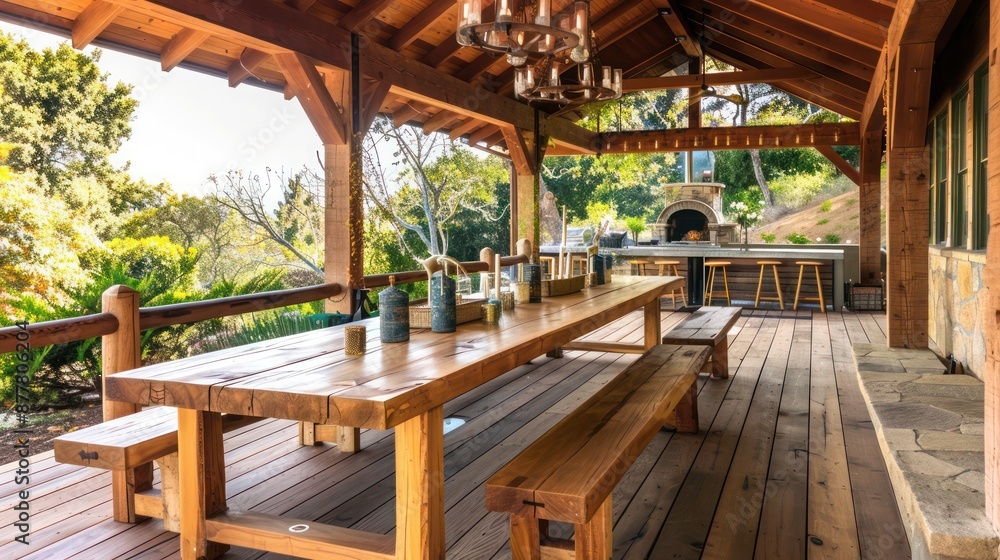 Obraz premium hand-laid wooden Craftsman-style outdoor dining room, complete with a long table and benches, designed for rustic-style family meals and celebrations