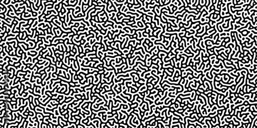 Turing reaction diffusion monochrome seamless pattern with chaotic motion. Linear design with biological shapes. Organic lines in Memphis. abstract truing organic wallpaper background.