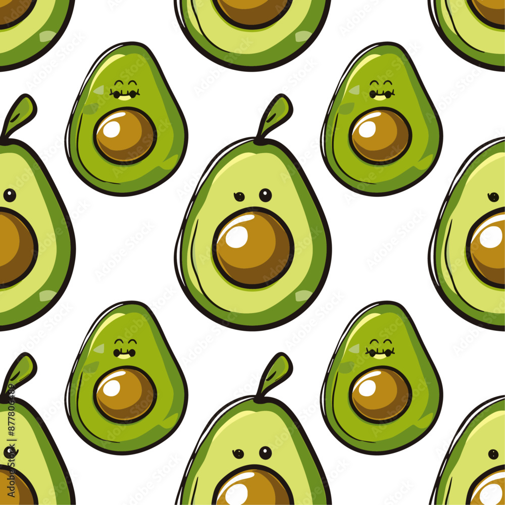 Cute avocado seamless pattern, hand drawn cartoon fruit illustration, food print, design, background Cute avocado seamless pattern, hand drawn cartoon fruit illustration, food print, design, background