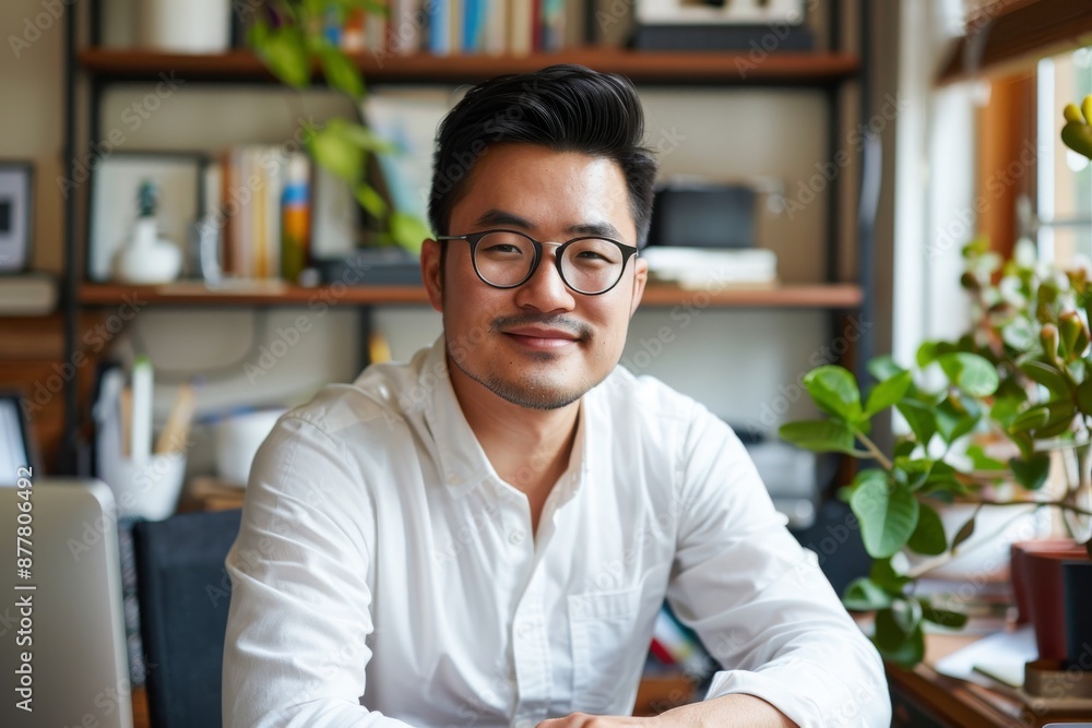 Fototapeta premium Portrait of confident smiling Asian man sitting at desk