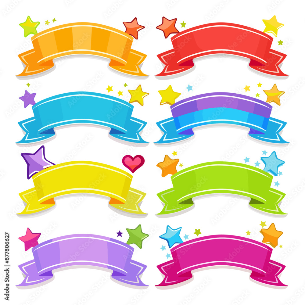 Set of Colorful Ribbon Banners with Stars and Hearts for Design