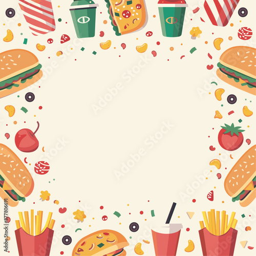 Fast food border frame with burger, fries, and soda for menu design