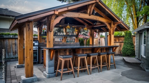 handcrafted wooden Craftsman-style outdoor bar, featuring a roof, bar stools, and space for a kegerator, creating the ultimate backyard party destination photo