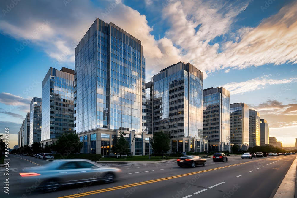 Obraz premium Modern City Skyline at Sunset with High-Rise Buildings, Illuminated Skyscrapers, business center office building, modern city center. ideal for urban and travel themes