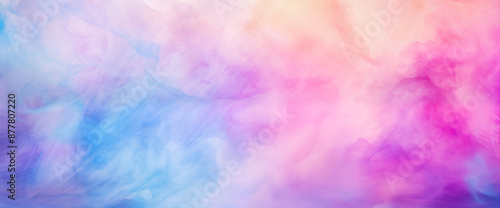 Colorful pastel background. Abstract watercolor sunset sky with fluffy clouds in bright pink, green, blue, yellow, and purple rainbow colors. Wide kids banner with copy space for text.	
