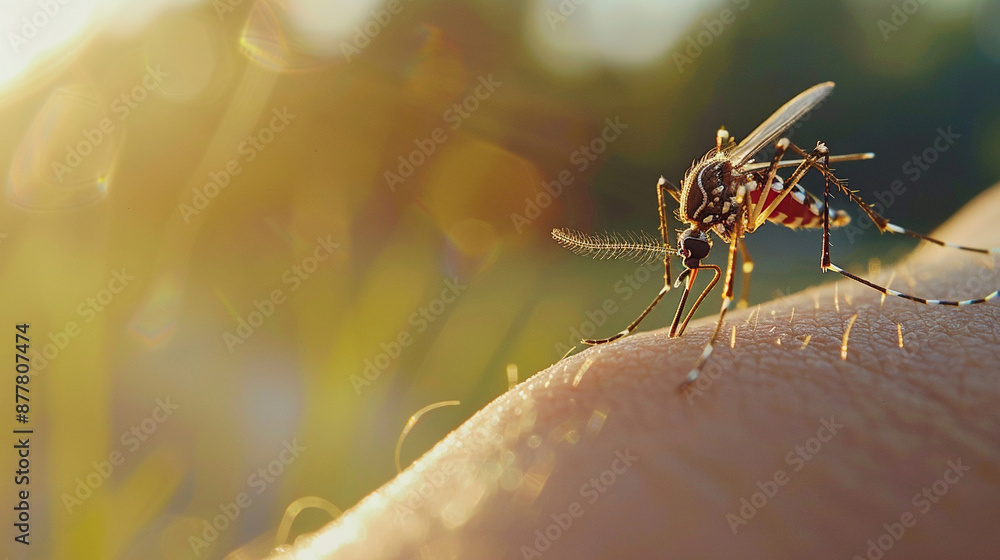 Naklejka premium close up of dengue mosquito biting the human arm