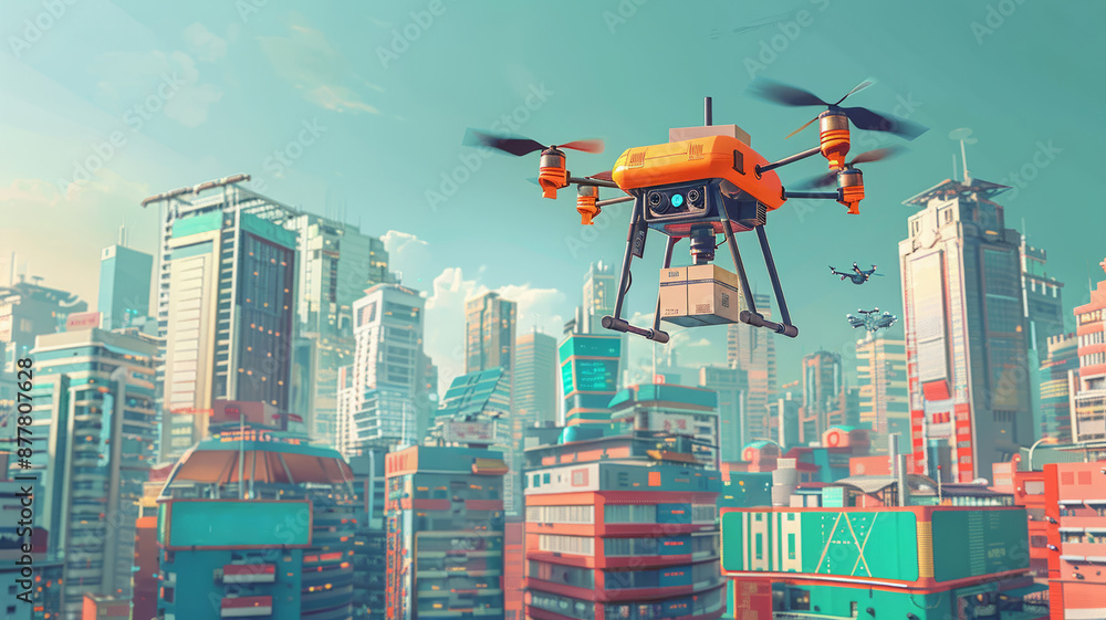 Drone Delivery in Futuristic Urban Skyline with Vibrant Colors Drone Delivery in Futuristic Urban Skyline with Vibrant Colors