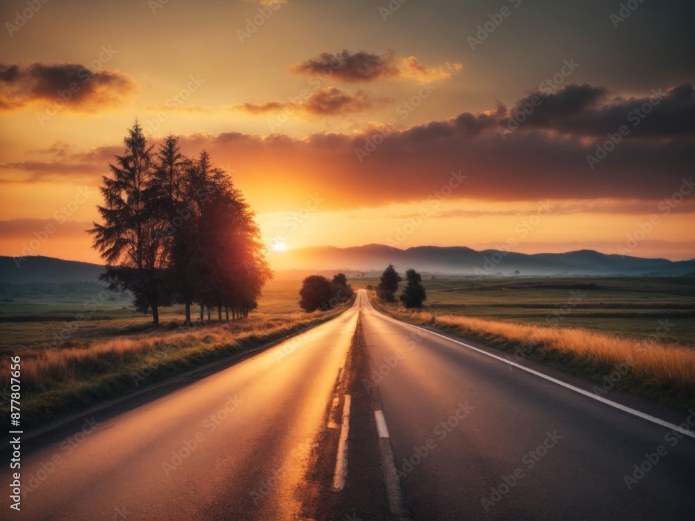 View of asphalt road with beautiful sunset in the evening View of asphalt road with beautiful sunset in the evening