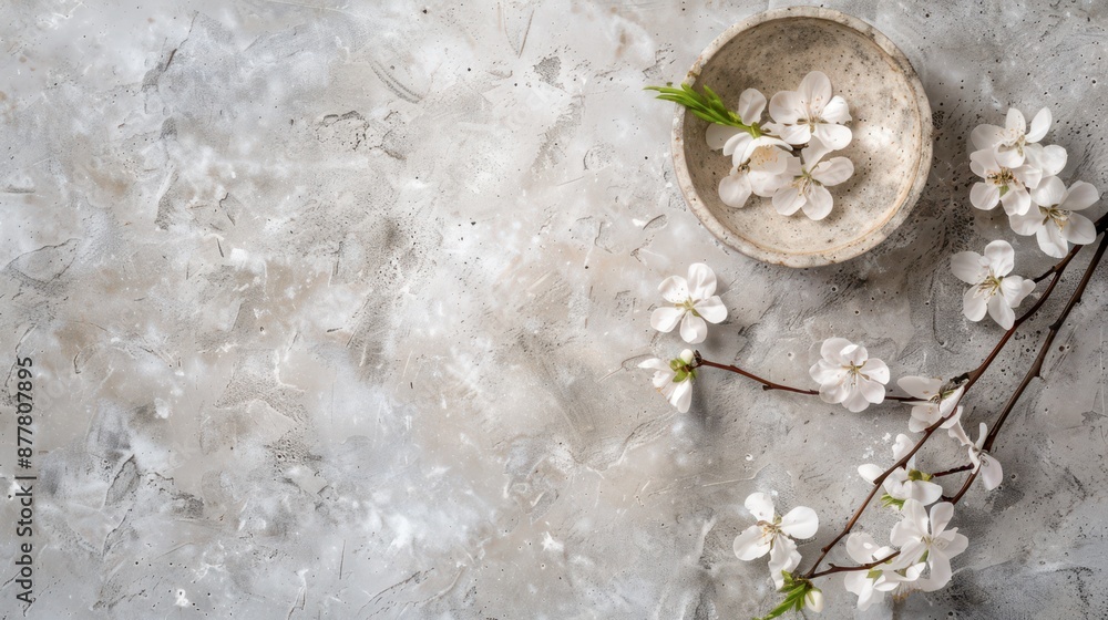 White Cherry Blossoms in a Stone Bowl on a Gray Background White Cherry Blossoms in a Stone Bowl on a Gray Background