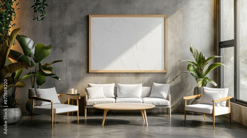 Mockup of a empty horizontal picture frame in a modern waiting room Mockup of a empty horizontal picture frame in a modern waiting room