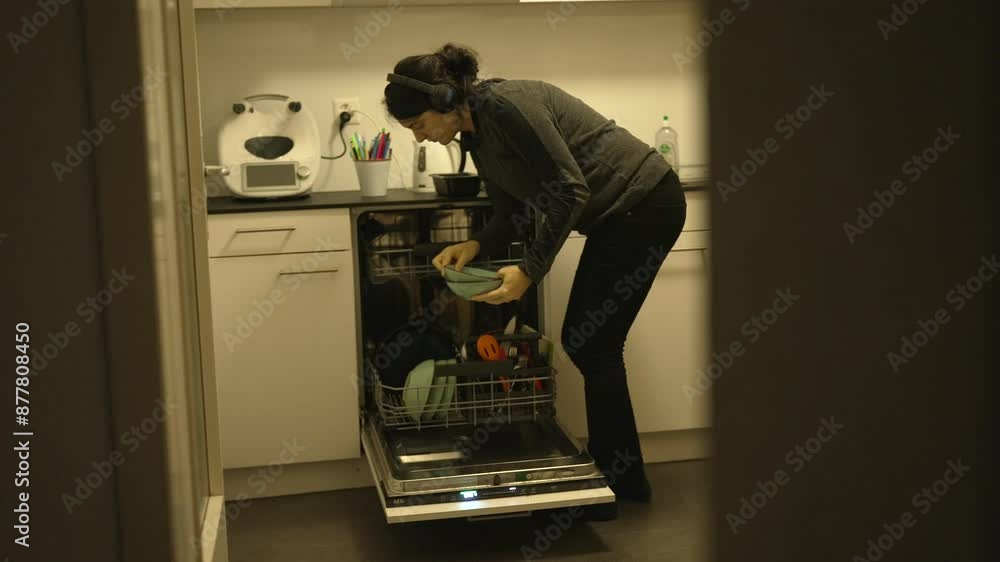 Woman Unloading Dishes From A Dishwasher In A Sleek Kitchen, Wearing Headphones, Showcasing Modern Multitasking And Household Efficiency In A Contemporary Home Setting, Family Chores