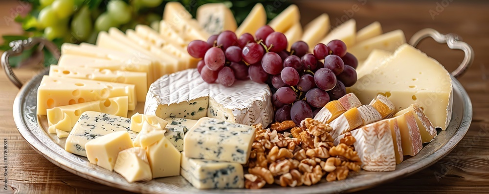 A delectable cheese platter with assorted cheeses, fresh grapes, and nuts, beautifully presented on a rustic wooden table. A delectable cheese platter with assorted cheeses, fresh grapes, and nuts, beautifully presented on a rustic wooden table.