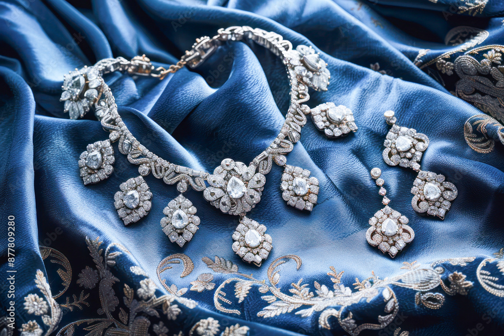 Fototapeta premium silver jewelry on purple silk cloth